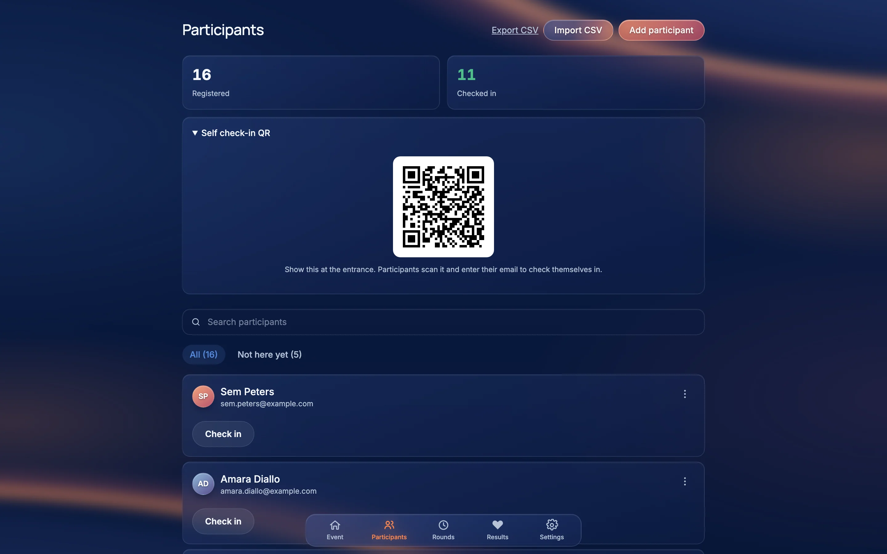 The participants page: who is registered, who has checked in, and a self check-in code.